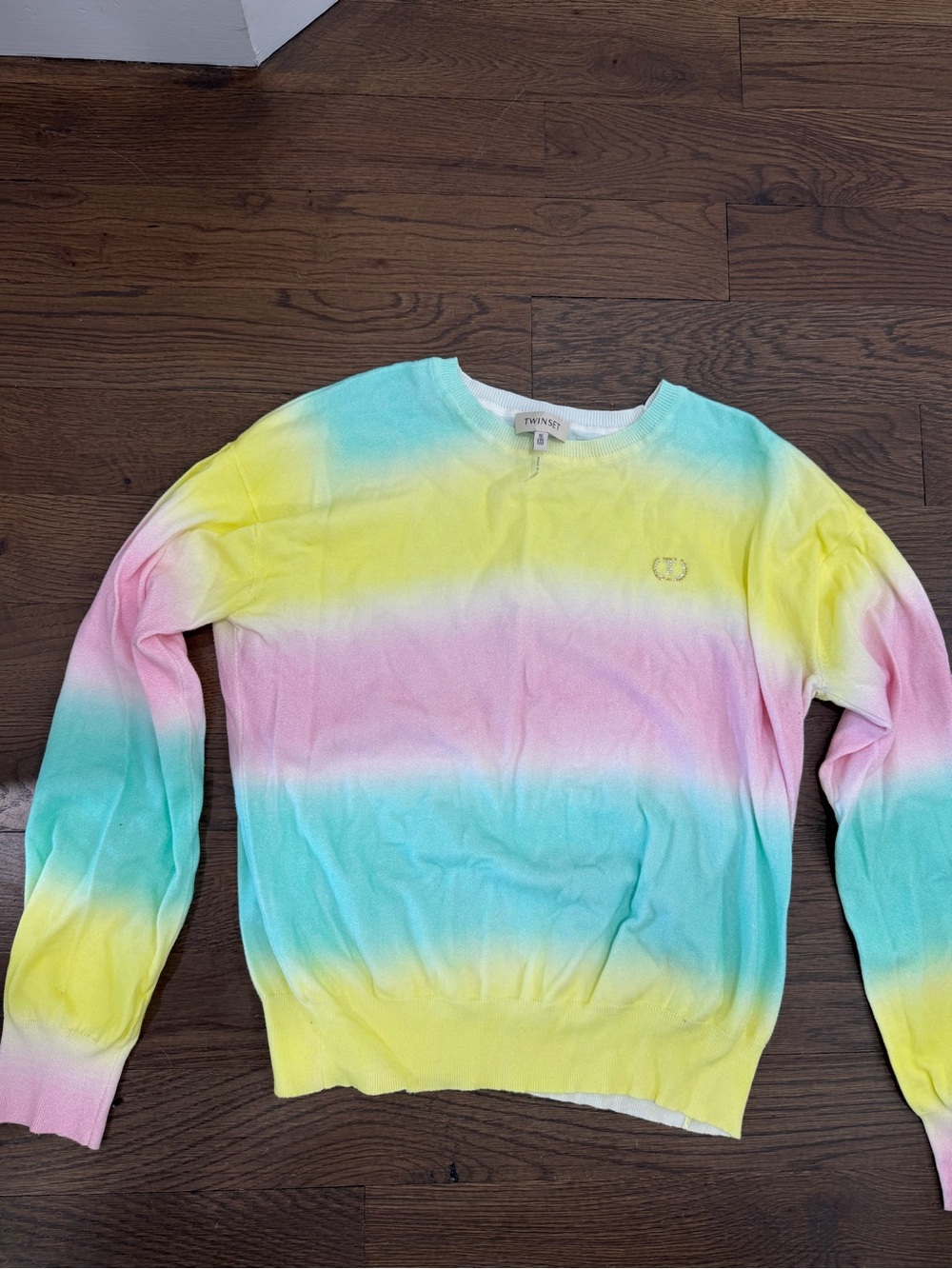 Twin-Set Pastel Gradient Crewneck Sweater in Pink, Yellow & Aqua
